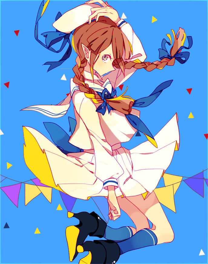 1girl blue_background blue_socks braid brown_eyes brown_hair closed_mouth expressionless facing_to_the_side long_sleeves looking_at_viewer low_twin_braids lucarios male_focus oounabara_to_wadanohara shirt skirt socks solo triangle twin_braids wadanohara white_headwear white_shirt white_skirt