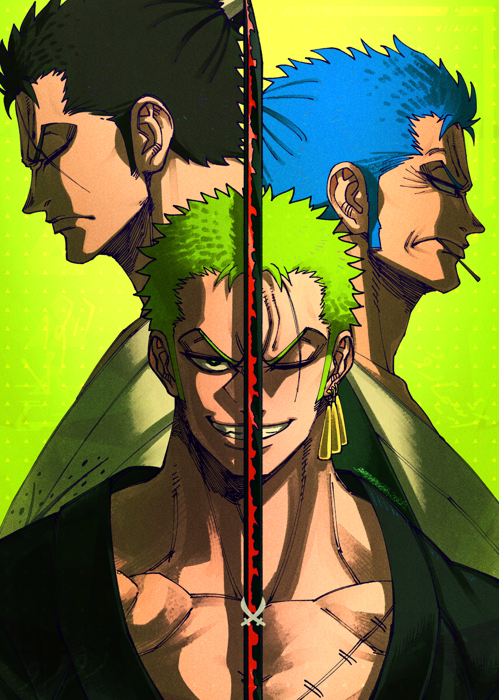 3boys barbarvsah black_hair blue_hair closed_mouth earrings green_hair grin highres holding holding_sword holding_weapon jewelry katana looking_at_viewer mouth_hold multiple_boys one_eye_closed one_piece roronoa_zoro ryuuma scar scar_across_eye shimotsuki_ushimaru short_hair single_earring smile smirk stitches sword teeth weapon