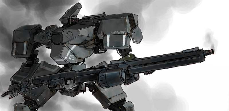 aliens character_request clouds commentary_request concept_art crossover front_mission front_mission_4 front_mission_5 gun izo_(bjc000510) m56_smartgun machine_gun machinery mecha no_humans original robot science_fiction sketch smoke upper_body weapon