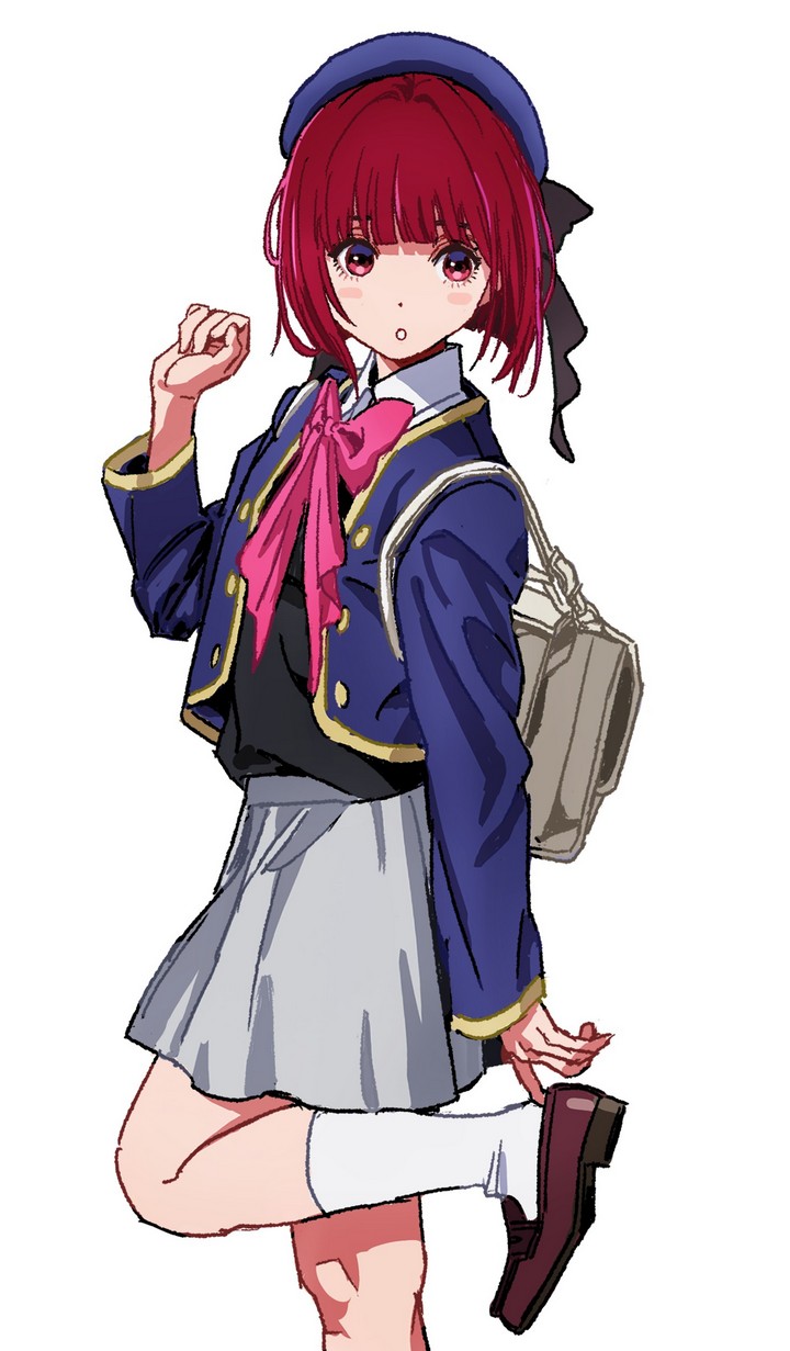 1girl arima_kana backpack bag beret black_ribbon black_vest blue_headwear blue_jacket blunt_bangs blush bow bowtie brown_footwear collared_shirt commentary cropped_jacket grey_skirt hat highres jacket oshi_no_ko parted_lips pink_bow pink_bowtie putting_on_shoes red_eyes redhead ribbon school_uniform shiren_(ourboy83) shirt short_hair simple_background skirt socks solo vest white_background white_shirt white_socks youtou_high_school_uniform