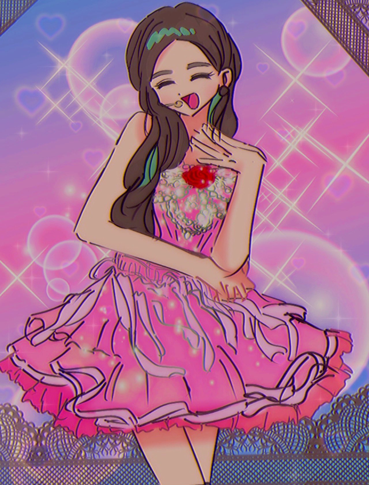 1990s_(style) 1girl :d ^_^ animification bare_shoulders brown_hair closed_eyes collarbone commentary dress earpiece earrings flower green_hair hair_behind_ear hand_on_own_shoulder heart highres jewelry joy_(red_velvet) k-pop lens_flare multicolored_hair open_mouth pink_dress real_life red_flower red_rose red_velvet_(group) retro_artstyle rose smile solo sparkle strapless strapless_dress streaked_hair symbol-only_commentary yum23930955