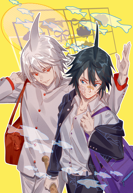 2boys albino alternate_costume bag bandaid bandaid_on_face bandaid_on_nose black_hair black_jacket black_pants blue_eyes brothers fins fish haiiro_teien head_fins jacket long_sleeves majiang male_focus multiple_boys pants purple_bag red_bag red_eyes samekichi_(wadanohara) school_bag shark_boy shirt siblings syake_(wadanohara) white_hair white_pants white_shirt yellow_background