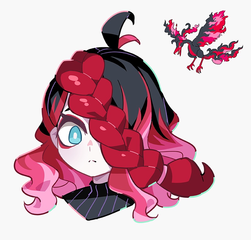 1girl 1other ahoge black_hair blue_eyes braid closed_mouth donuttypd galarian_moltres hair_over_one_eye looking_at_viewer moltres multicolored_hair pale_skin pink_hair pokemon pokemon_(game) pokemon_swsh redhead white_background