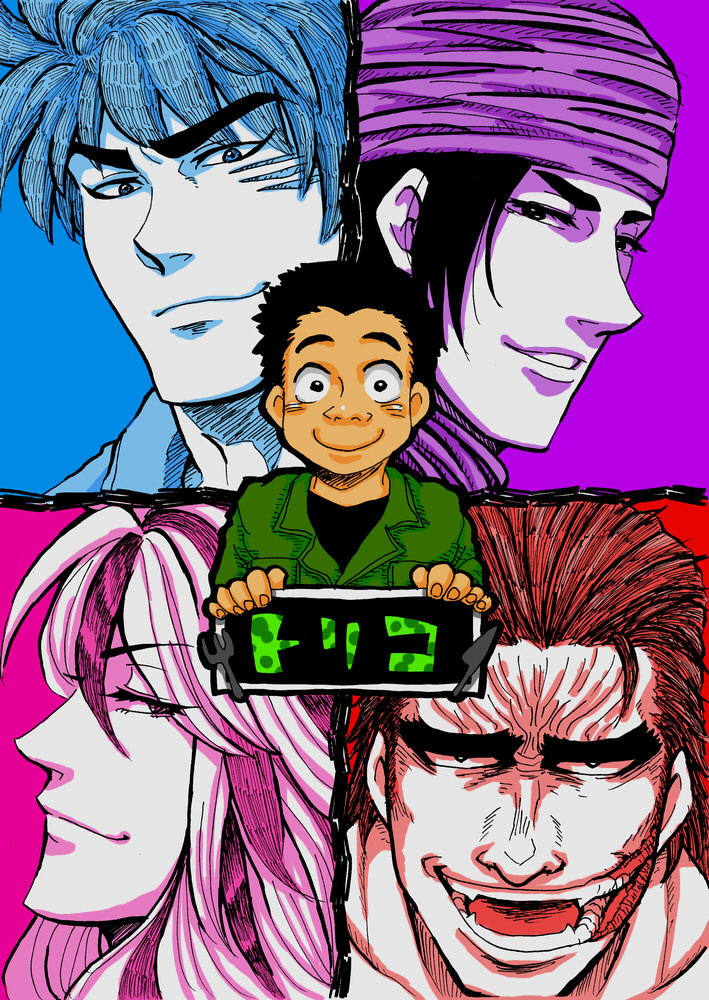 5boys blue_background blush coco_(toriko) commentary_request copyright_name fangs furrowed_brow green_jacket hair_slicked_back jacket komatsu_(toriko) lapels long_hair looking_at_viewer looking_to_the_side male_focus multicolored_hair multiple_boys multiple_monochrome muscular muscular_male notched_lapels open_mouth pink_background purple_background red_background scar scar_on_cheek scar_on_face scar_on_mouth short_hair simple_background smile sunny_(toriko) thick_eyebrows toriko toriko_(series) translated turban yaso80hachi zebra_(toriko)