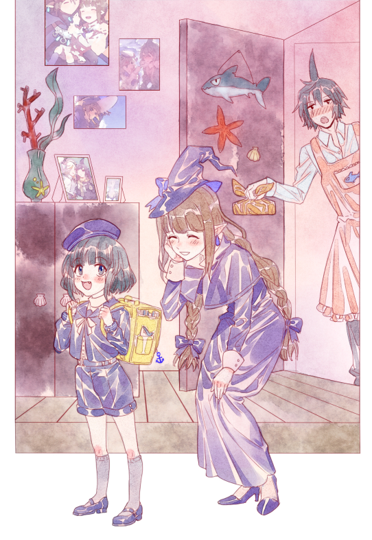 1girl 2boys black_hair blue_eyes braid brown_hair family father_and_son green_hair hat majiang male_child meikai_(wadanohara) minami_(wadanohara) mother_and_son multiple_boys oounabara_to_wadanohara pointy_ears samekichi_(wadanohara) short_hair twin_braids wadanohara witch witch_hat