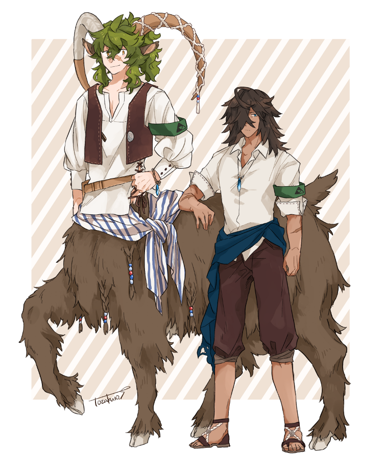 2boys animal_ears armband artist_name beads bracelet brown_hair brown_pants brown_vest centauroid dark-skinned_male dark_skin green_hair hair_beads hair_ornament hooves horn_cover jewelry long_sleeves lukas_bergamot male_focus multiple_boys necklace pants pixiv_fantasia pixiv_fantasia_last_saga sandals scar scar_on_arm scar_on_face sheep_ears shirt simple_background standing striped striped_background taur tozakuro_s vest white_shirt william_cedarwood