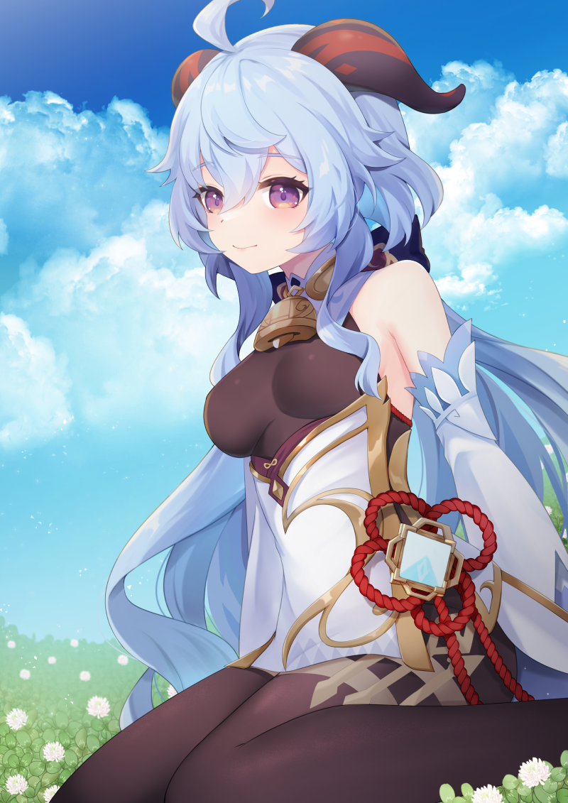 1girl ahoge bare_shoulders bell black_pantyhose blue_hair blue_sky blush bow breasts chinese_knot clouds cloudy_sky commentary detached_sleeves english_commentary field flower flower_field flower_knot ganyu_(genshin_impact) genshin_impact gold_trim horns light_smile long_hair looking_at_viewer low_ponytail medium_breasts neck_bell outdoors pantyhose sen1986 sidelocks sitting sky solo tassel thighlet thighs violet_eyes vision_(genshin_impact) wariza white_flower white_sleeves