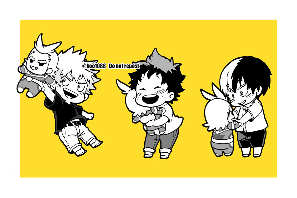 aged_down all_might bakugou_katsuki blush boku_no_hero_academia border character_doll chibi child closed_eyes commentary_request doll freckles greyscale_with_colored_background happy holding holding_doll koo1088 male_child male_focus midoriya_izuku monochrome multicolored_hair open_mouth pants shirt short_hair short_sleeves simple_background smile spiky_hair split-color_hair standing todoroki_shouto white_border yellow_background