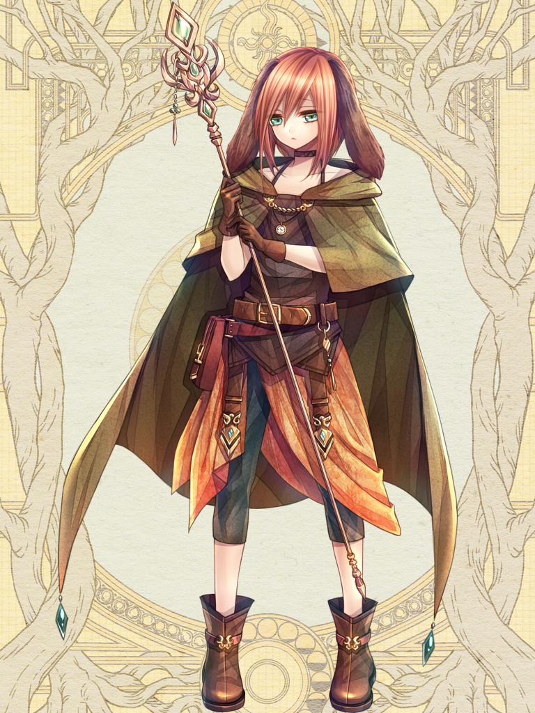 1girl animal_ears belt belt_pouch black_pants boots brown_cape brown_footwear brown_gloves brown_hair cape dairoku_ryouhei dog_ears full_body gloves green_eyes hair_between_eyes holding holding_staff kai_(tw02602) medium_hair pants pouch solo staff standing tosuka_beryl watch yellow_background