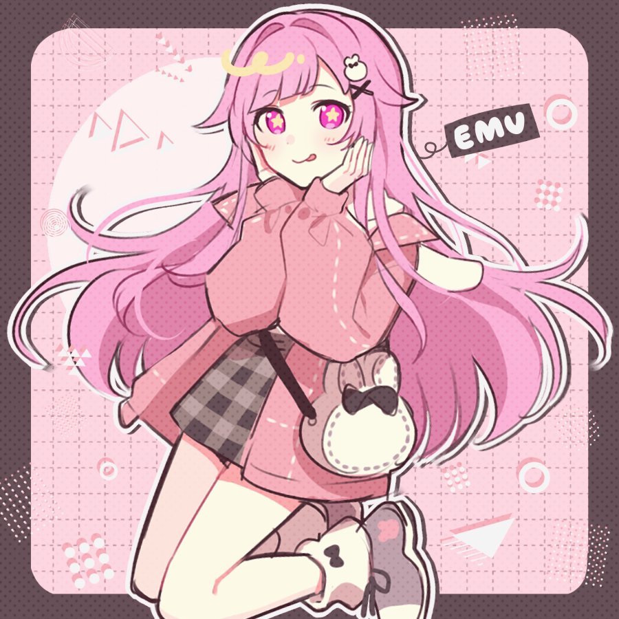 :q animal_bag black_skirt blush boots character_name closed_mouth grey_footwear hair_ornament hands_on_own_cheeks hands_on_own_face jacket jumping long_hair ootori_emu pink_background pink_eyes pink_hair pink_jacket project_sekai rabbit_bag rabbit_hair_ornament sidelocks skirt smile star-shaped_pupils star_(symbol) symbol-shaped_pupils tongue tongue_out very_long_hair waka_(wk4444) white_bag