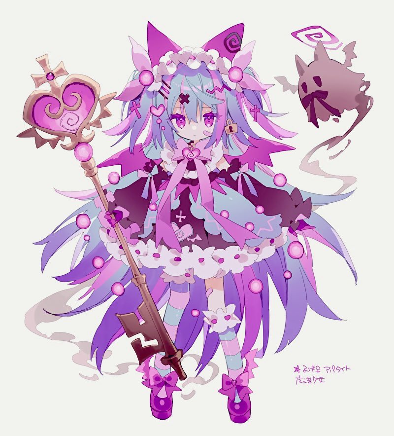 1girl animal_ears blue_hair bow cat_ears character_request closed_mouth cross_hair_ornament detached_sleeves dress frilled_dress frilled_sleeves frilled_socks frilled_thighhighs frills ghost hair_ornament hairband halo hibi89 holding holding_key holding_staff key lolita_hairband long_sleeves looking_at_viewer magical_girl personification pokemon puffy_long_sleeves puffy_sleeves purple_bow purple_dress purple_footwear purple_hair shoes simple_background socks solo staff striped striped_socks striped_thighhighs thigh-highs two_side_up violet_eyes white_background wings