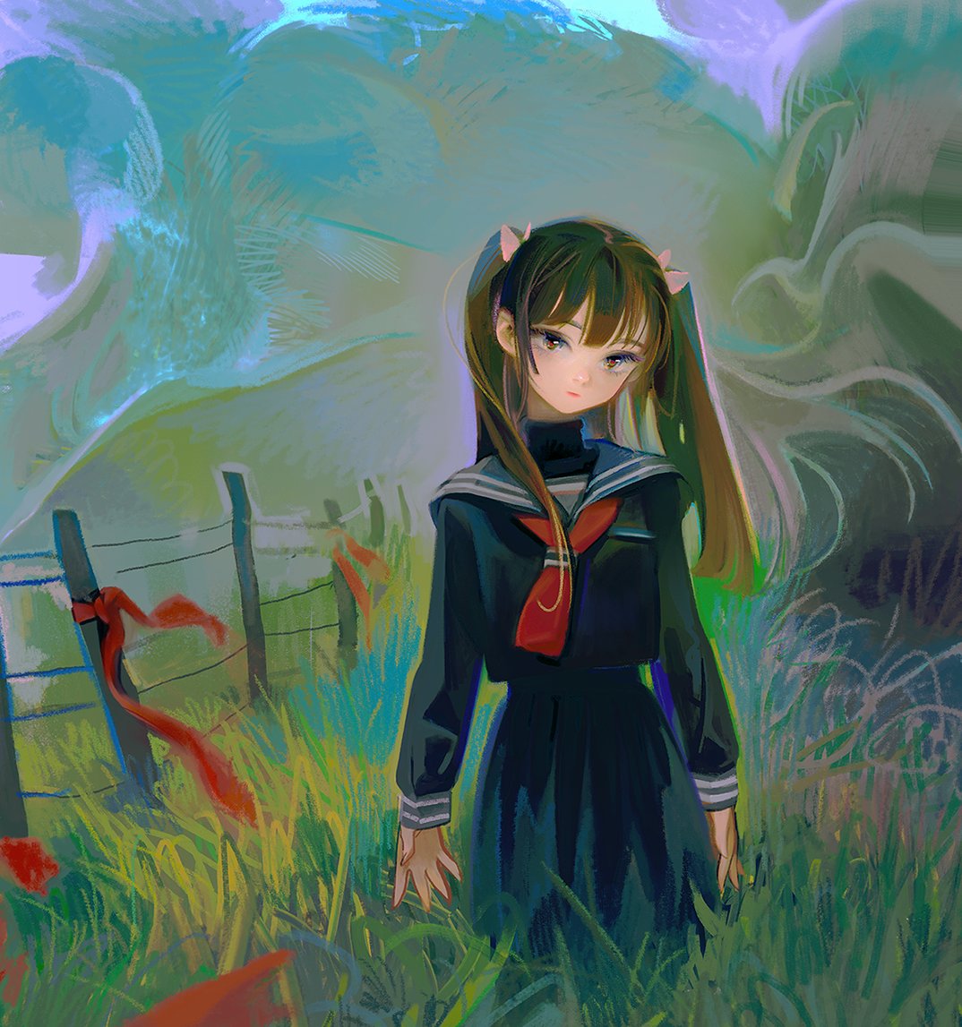 1girl abstract_background black_serafuku black_skirt black_undershirt bow closed_mouth expressionless fence floating_hair grey_eyes hair_bow head_tilt long_hair long_sleeves looking_at_viewer multiple_hair_bows neckerchief original pink_bow pink_lips red_neckerchief red_pupils school_uniform serafuku skirt solo standing tall_grass turtleneck twintails wooden_fence yeono0