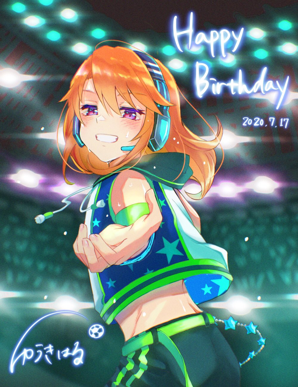 1girl arena blush commentary_request cropped_jacket dated grin happy_birthday headset highres hood hood_down hooded_jacket idolmaster idolmaster_cinderella_girls idolmaster_cinderella_girls_starlight_stage jacket koichi_makoto long_hair looking_at_viewer orange_hair outstretched_arm pink_eyes reaching reaching_towards_viewer sleeveless sleeveless_jacket smile solo stage_lights sweat teeth yuuki_haru