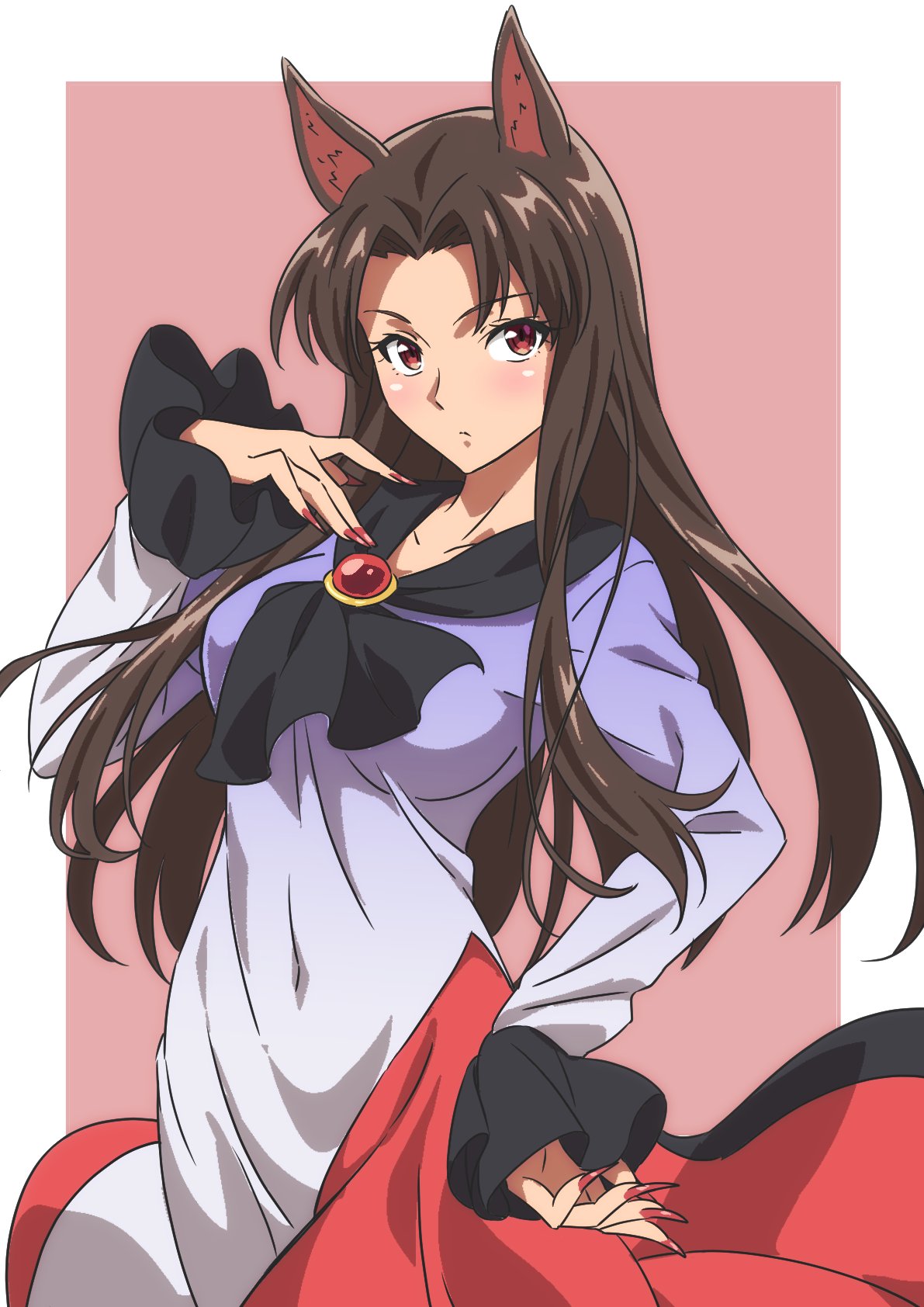 1girl animal_ears breasts brown_background brown_hair closed_mouth commentary covered_navel dress fingernails gyouza_(mhea5724) highres imaizumi_kagerou long_fingernails long_hair long_sleeves looking_at_viewer medium_breasts red_dress red_eyes red_nails simple_background solo tail touhou two-tone_dress white_dress wolf_ears wolf_girl wolf_tail
