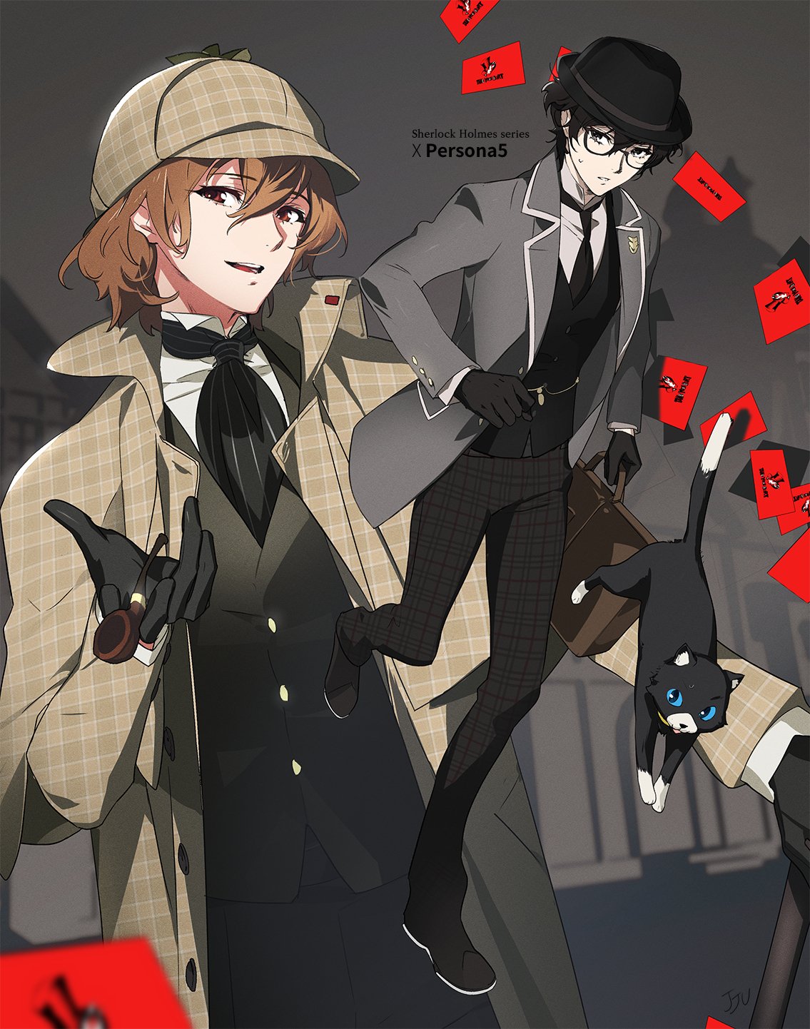 2boys akechi_gorou amamiya_ren animal black_cat black_eyes black_gloves black_hair black_headwear black_pants black_vest brown_hair calling_card cat coat copyright_name crossover deerstalker gloves grey_jacket hat highres holding holding_smoking_pipe jacket long_sleeves male_focus morgana_(persona_5) multiple_boys open_clothes open_coat open_jacket open_mouth pants persona persona_5 plaid plaid_pants shirt smoking_pipe sweat the_adventures_of_sherlock_holmes um_zum vest white_shirt