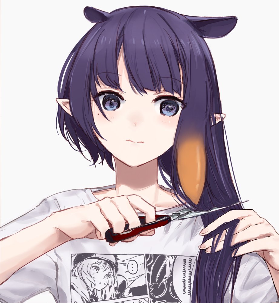 1girl blue_eyes cutting_hair cutting_own_hair gradient_hair holding holding_hair holding_scissors hololive hololive_english mole mole_under_eye multicolored_hair ninomae_ina'nis ninomae_ina'nis_(5th_costume) official_alternate_costume official_alternate_hair_length official_alternate_hairstyle orange_hair pointy_ears purple_hair scissors shirt sidelocks simple_background solo t-shirt tentacle_hair upper_body virtual_youtuber white_background white_shirt