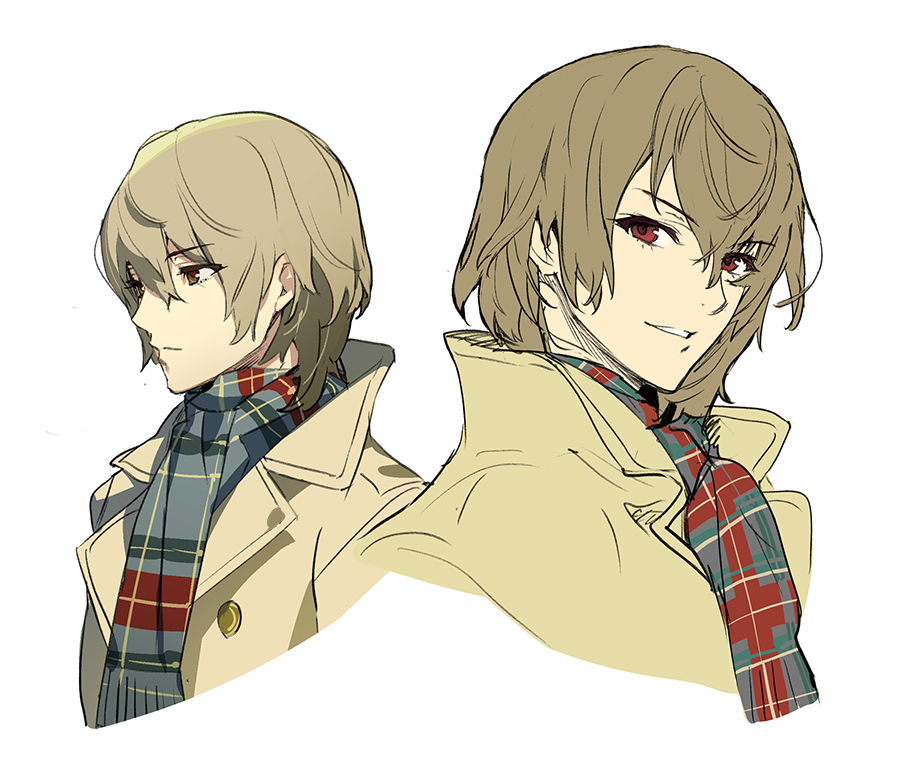 1boy akechi_gorou brown_hair closed_mouth coat hair_between_eyes looking_at_viewer male_focus multiple_views persona persona_5 plaid plaid_scarf red_eyes scarf simple_background um_zum upper_body white_background yellow_coat