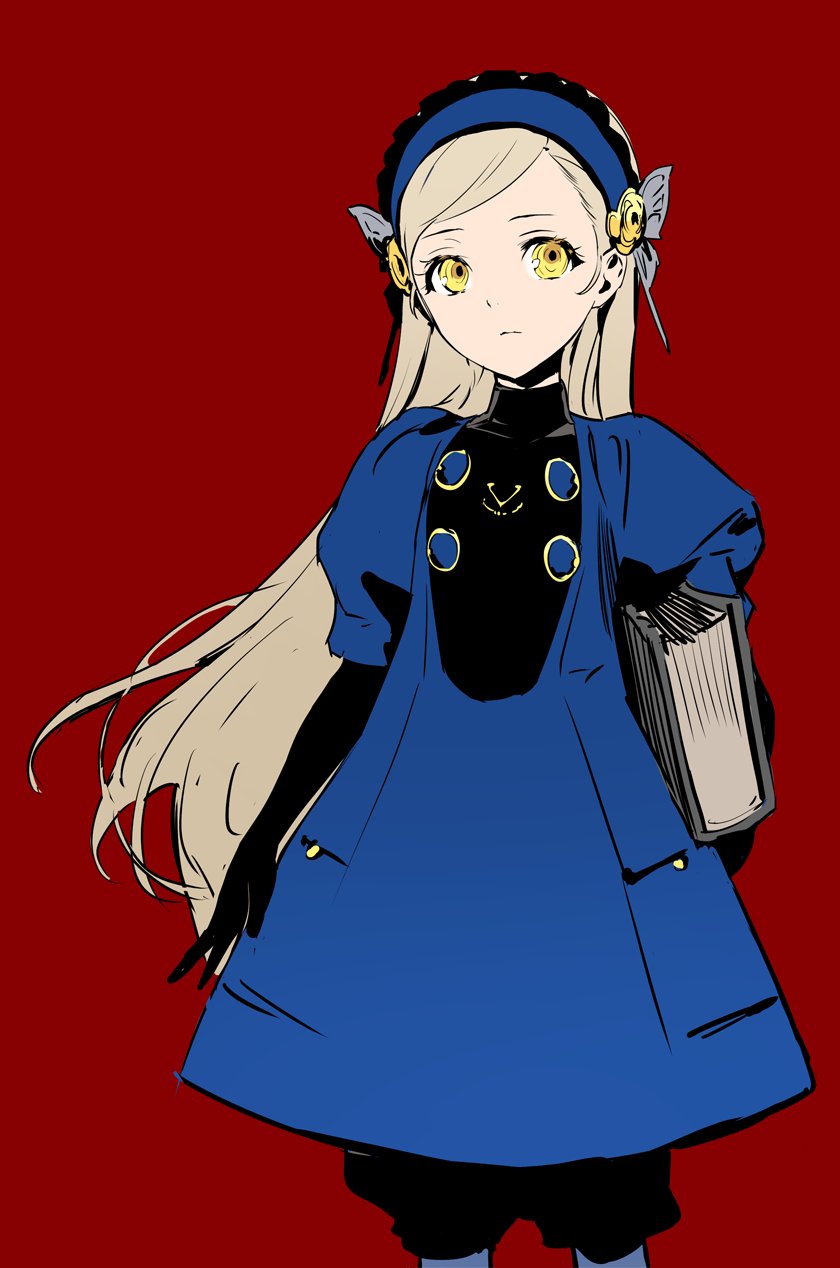1girl black_gloves black_shorts blonde_hair blue_dress blue_hairband book butterfly_hair_ornament closed_mouth dress elbow_gloves gloves hair_ornament hairband highres holding holding_book lavenza_(persona_5) long_hair persona persona_5 red_background shorts shorts_under_dress simple_background solo um_zum very_long_hair yellow_eyes