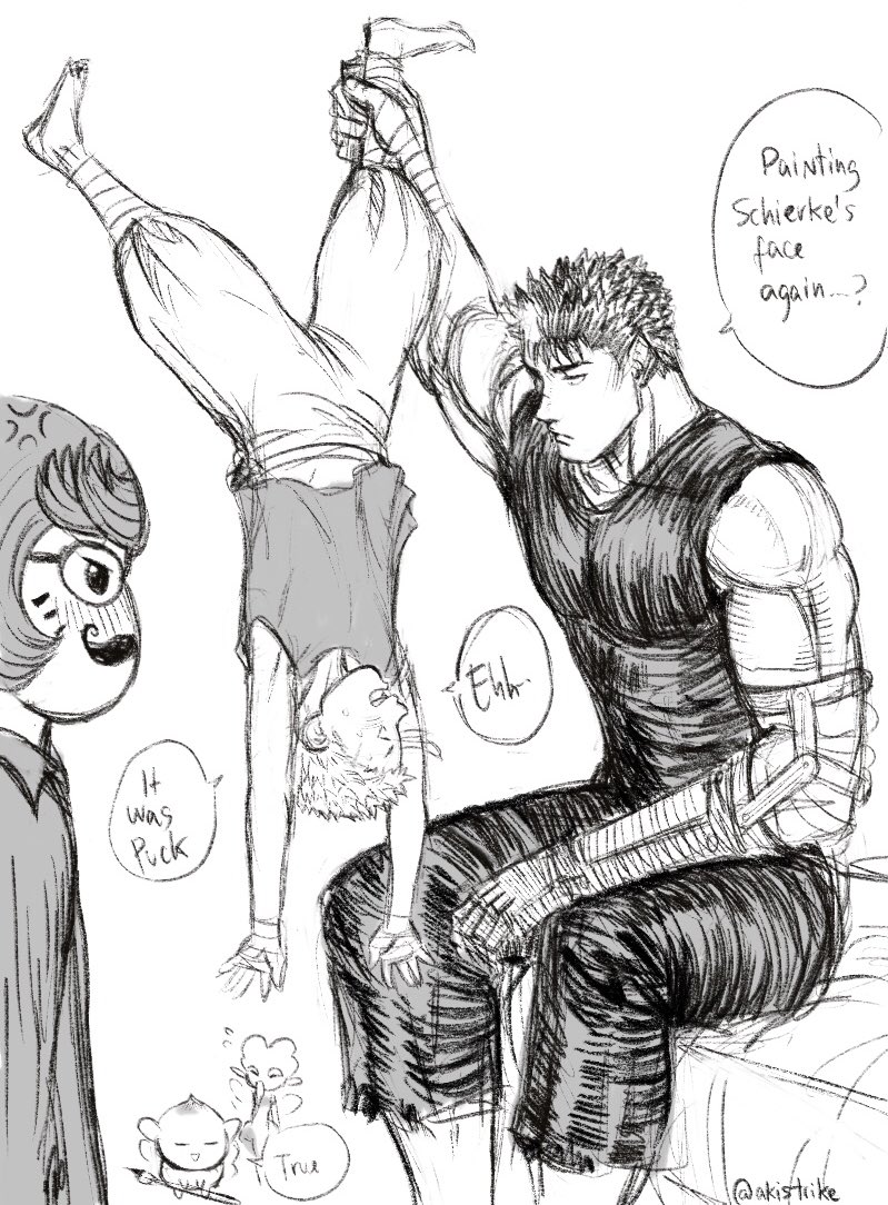 2girls 3boys aki_(akistrike) anger_vein angry bandaged_arm bandaged_hand bandages berserk black_tank_top commentary dangling drawing drawing_on_another's_face english_commentary english_text evarella_(berserk) guts_(berserk) holding holding_another's_foot holding_paintbrush isidro_(berserk) looking_at_another multiple_boys multiple_girls paintbrush prosthesis prosthetic_arm puck_(berserk) schierke_(berserk) speech_bubble spiky_hair tank_top upside-down
