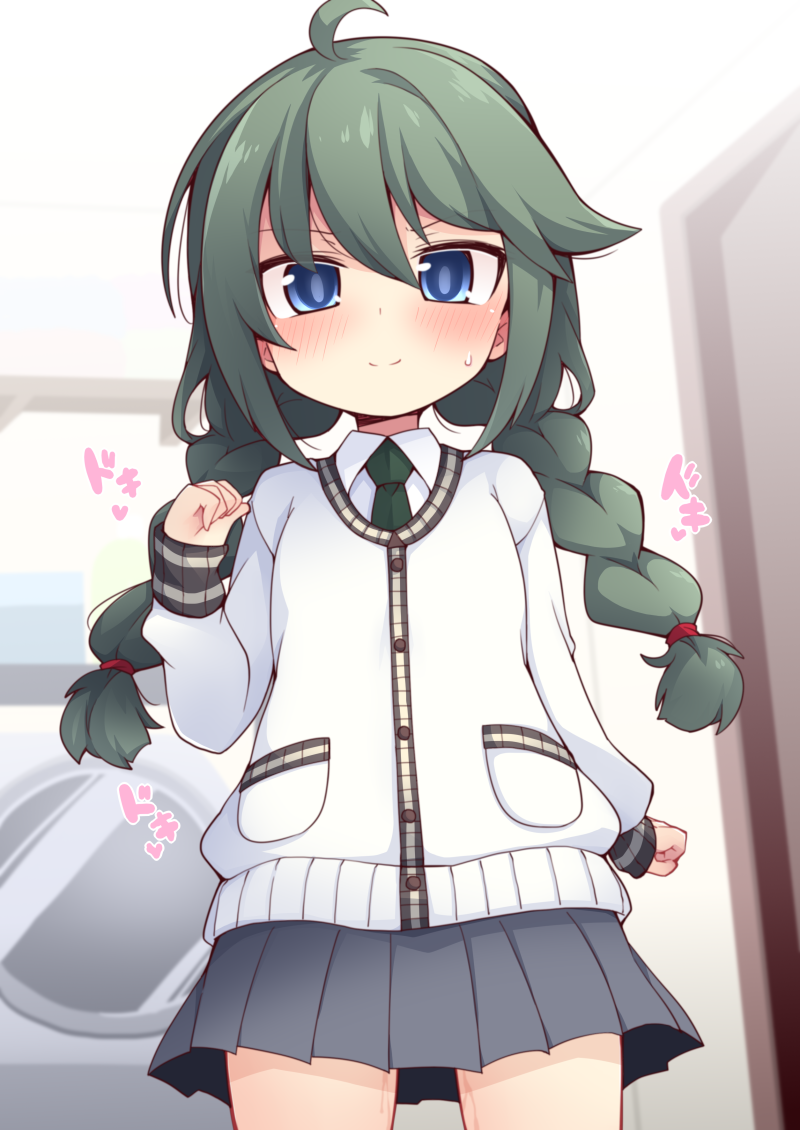 1girl ahoge blue_eyes blush braid cardigan closed_mouth collared_shirt commission green_hair green_necktie grey_skirt hair_between_eyes hand_up indoors long_hair long_sleeves low_twintails necktie pleated_skirt princess_connect! puffy_long_sleeves puffy_sleeves reku shirt skeb_commission skirt sleeves_past_wrists smile solo standing sweat twin_braids twintails washing_machine white_cardigan white_shirt yuni_(princess_connect!) yuni_(real)_(princess_connect!)
