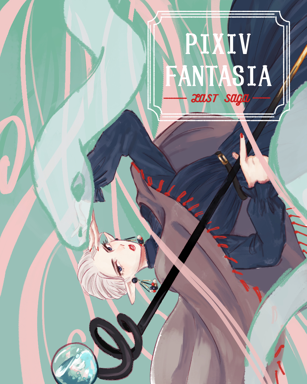 1girl ataro_(atatata5884) belt blue_eyes brown_cape cape copyright_name earrings green_background highres holding holding_staff jewelry lipstick makeup marsha_ordin pixiv_fantasia pixiv_fantasia_last_saga pointy_ears red_nails snake solo staff white_hair
