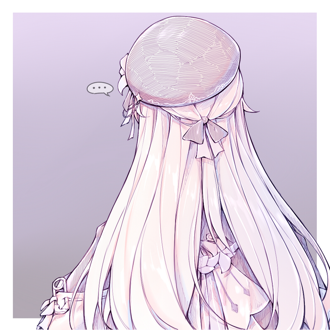 ... 1girl back beret flower hair_flower hair_ornament hat herta_(honkai:_star_rail) honkai:_star_rail honkai_(series) kupa_(jesterwii) long_hair monochrome paid_reward_available purple_theme solo spoken_ellipsis