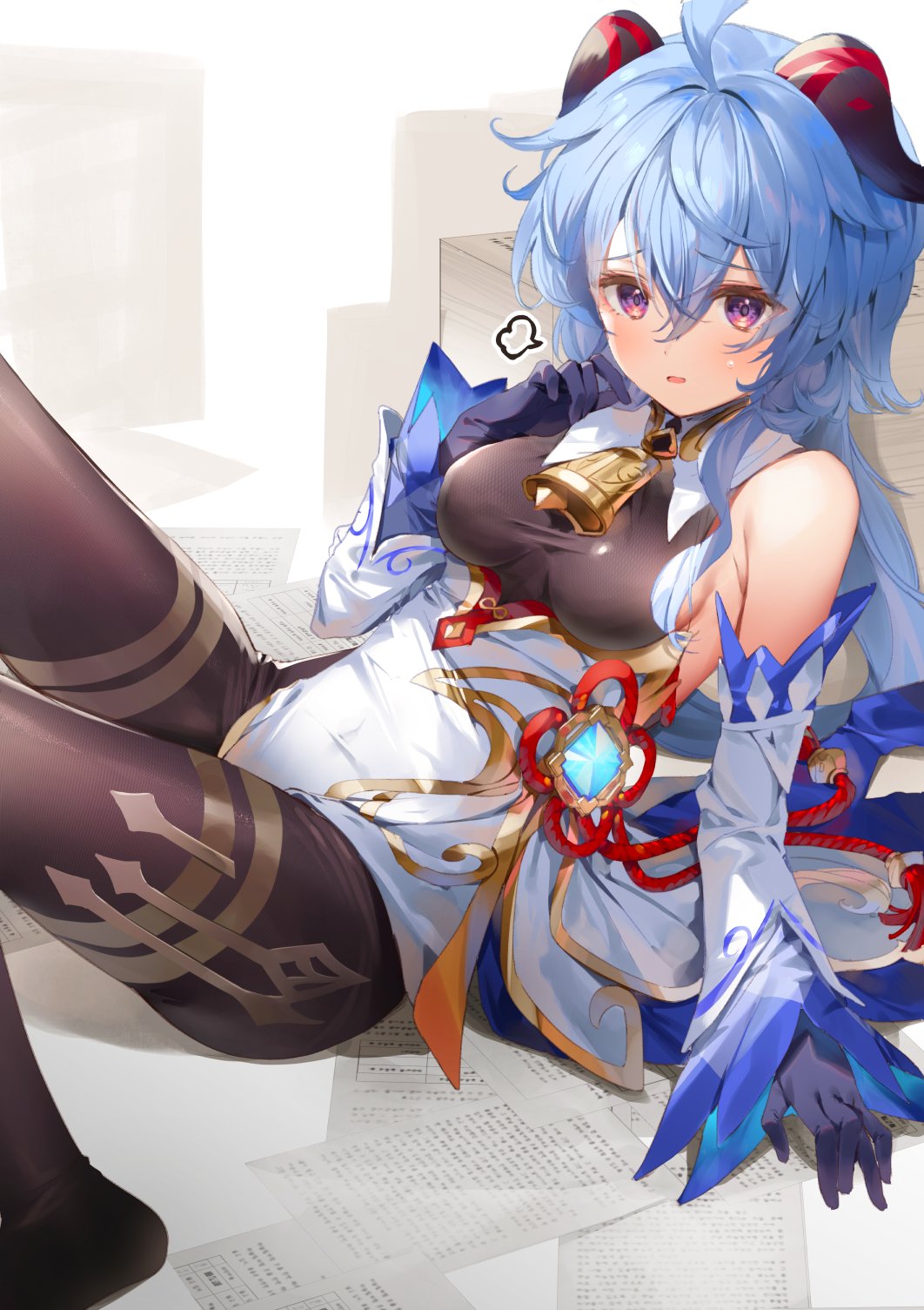 1girl ahoge bare_shoulders bell black_pantyhose blue_hair blush breasts chinese_knot chiro_(norishiro_michiro) detached_sleeves flower_knot ganyu_(genshin_impact) genshin_impact gold_trim hand_on_own_chest highres horns long_hair looking_at_viewer lying medium_breasts neck_bell on_back open_mouth pantyhose paper sidelocks sign solo tassel thighlet thighs violet_eyes vision_(genshin_impact) waist_cape white_sleeves