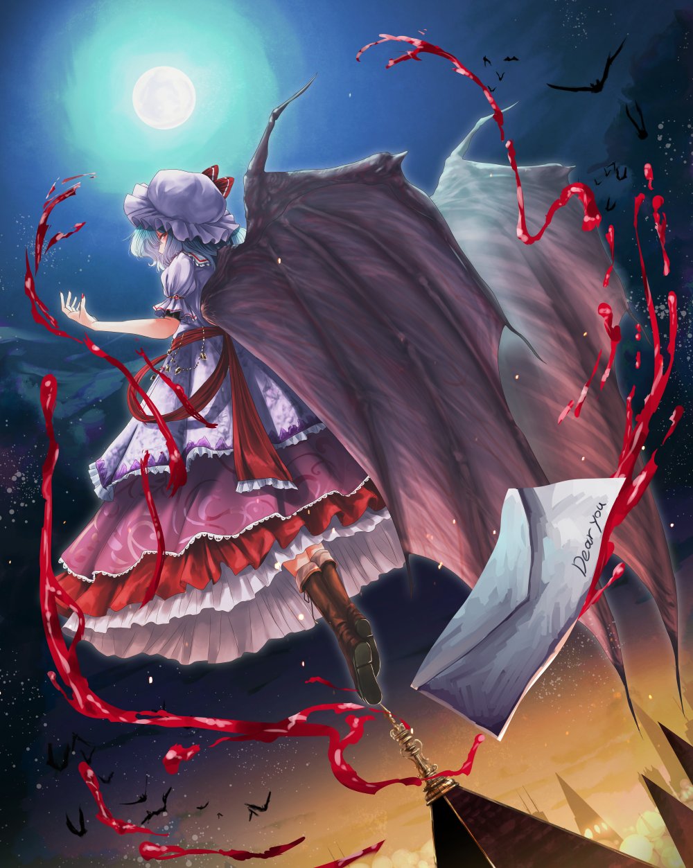 1girl bat_(animal) bat_wings blood boots brown_footwear commentary dress english_text envelope full_body full_moon hat hat_ribbon highres layered_dress looking_at_viewer looking_back mob_cap moon outdoors red_eyes red_ribbon remilia_scarlet ribbon sky teruteru12 touhou white_dress white_headwear wings