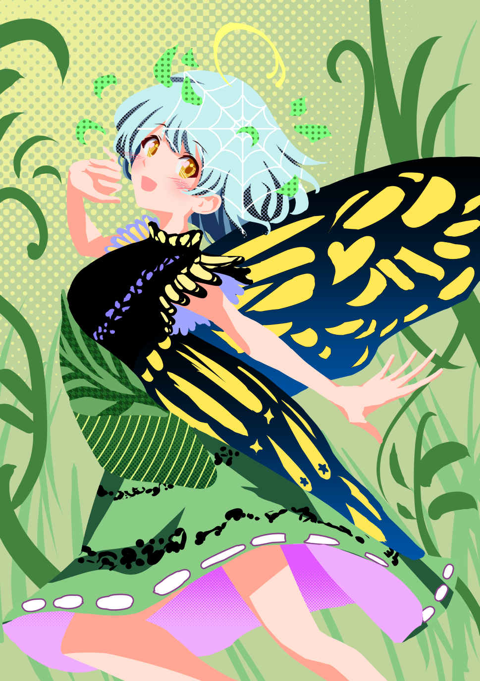 1girl :d antennae aqua_hair butterfly_wings commentary dress eternity_larva green_background green_dress highres leaf leaf_on_head looking_at_viewer open_mouth outdoors plant silk smile solo spider_web teruteru12 touhou two-tone_dress wings yellow_eyes