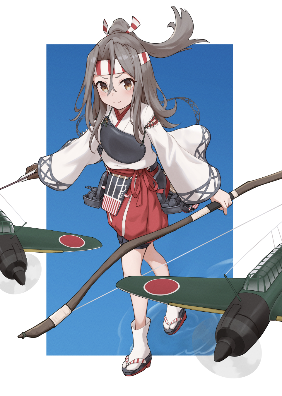 &gt;:) 1girl afloat aircraft airplane ankle_socks arrow_(projectile) blush bow_(weapon) brown_eyes brown_hair commentary full_body hachimaki hair_between_eyes hakama hakama_skirt headband high_ponytail highres holding holding_arrow holding_bow_(weapon) holding_weapon illyachi japanese_clothes kantai_collection looking_at_viewer machinery muneate outside_border ponytail skirt smile socks solo standing standing_on_liquid striped_headband v-shaped_eyebrows weapon white_background white_socks zuihou_(kancolle)