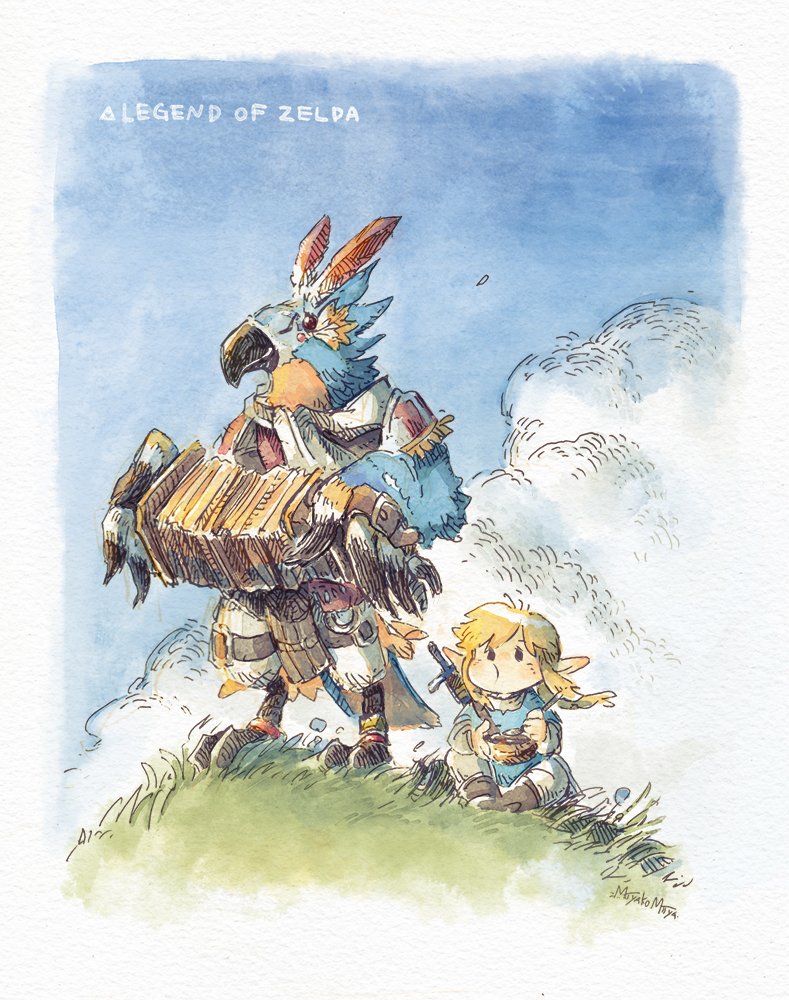 2boys accordion blonde_hair blue_sky blue_tunic border clouds copyright_name furry furry_male holding holding_instrument instrument kass link looking_at_viewer male_focus medium_hair miyakomiiya multiple_boys music on_grass outdoors playing_instrument pointy_ears rito sitting sky sword sword_on_back the_legend_of_zelda the_legend_of_zelda:_breath_of_the_wild weapon weapon_on_back white_border