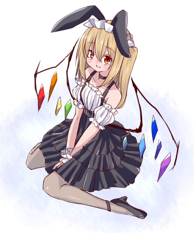 1girl animal_ears bare_shoulders black_choker black_footwear black_skirt blonde_hair blush choker closed_mouth crystal cuffs detached_sleeves fake_animal_ears flandre_scarlet handcuffs long_hair looking_at_viewer maid maid_day maid_headdress misoshiru_(meridianchild312) on_ground one_side_up own_hands_together pantyhose puffy_short_sleeves puffy_sleeves rabbit_ears red_eyes shoes short_sleeves side_ponytail simple_background skirt smile solo touhou white_background white_headwear wings