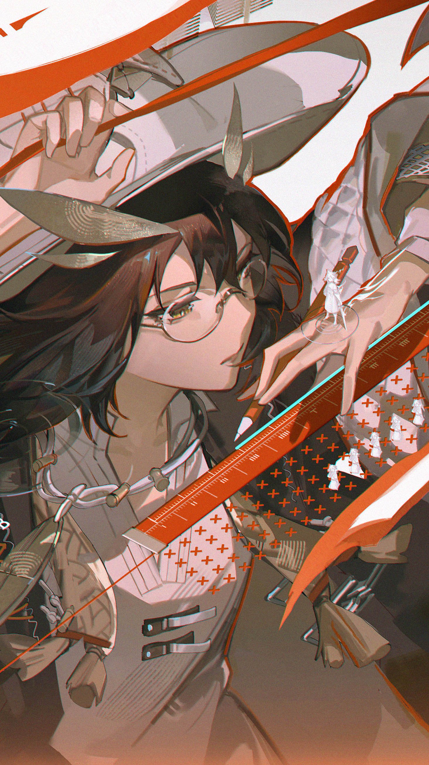 1girl absurdres arknights bird_girl brown_coat brown_hair closed_mouth coat english_commentary feather_hair from_side glasses half-closed_eyes highres jacket long_sleeves medium_hair open_clothes open_coat owl_ears round_eyewear ruler semi-rimless_eyewear shirt silence_(arknights) silence_the_paradigmatic_(arknights) solo under-rim_eyewear upper_body white_shirt yellow_eyes yipei