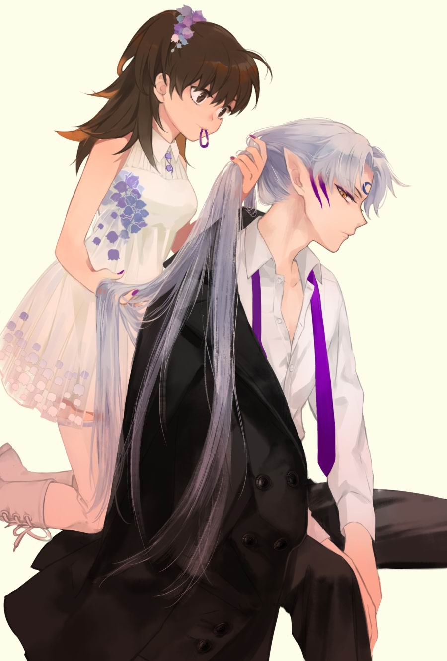 1boy 1girl black_jacket black_pants boots breasts brown_eyes brown_hair collared_shirt crescent crescent_facial_mark demon_boy dress facial_mark flower forehead_mark hair_between_eyes hair_flower hair_ornament hair_tie_in_mouth hand_in_another's_hair highres inuyasha jacket jacket_on_shoulders loli_bushi long_hair long_sleeves loose_necktie medium_breasts mouth_hold necktie orange_eyes pants parted_bangs rin_(inuyasha) sesshoumaru shirt side_ponytail sleeveless sleeveless_dress slit_pupils suit_jacket very_long_hair white_background white_dress white_shirt