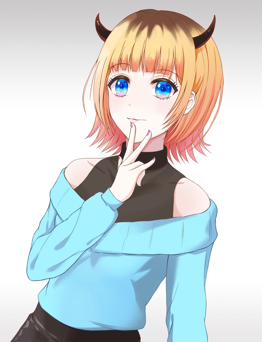 15taruhito 1girl bare_shoulders blonde_hair blue_eyes blue_sweater closed_mouth commentary demon_horns gradient_background grey_background horns long_sleeves memcho nail_polish off-shoulder_sweater off_shoulder oshi_no_ko pink_nails short_hair simple_background solo sweater v