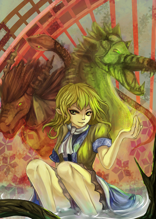 1girl black_shirt black_skirt blonde_hair breasts bridge brown_shirt closed_mouth commentary_request dragon feet_out_of_frame green_eyes heterochromia looking_at_viewer medium_hair mizuhashi_parsee partially_submerged pointy_ears scarf shirt short_sleeves sitting skirt small_breasts smile solo touhou tusanbei undershirt water white_scarf yellow_eyes