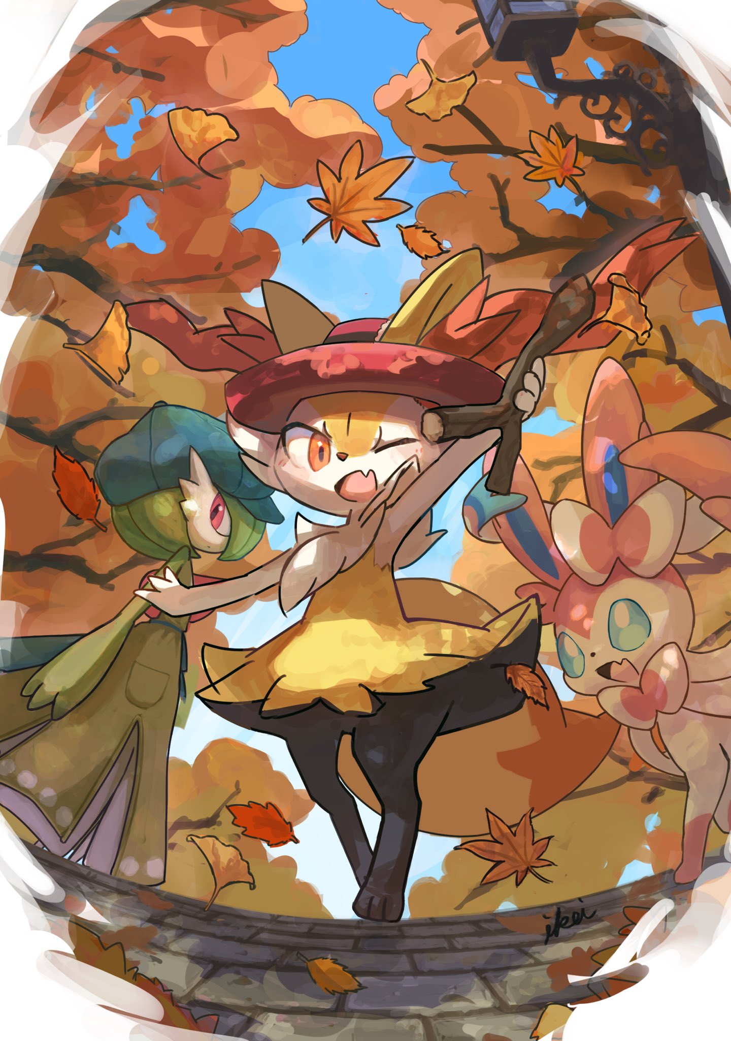 2girls animal_ear_fluff animal_ears animal_feet animal_nose arm_up artist_name autumn autumn_leaves black_fur blue_eyes blue_headwear blue_sky blush bob_cut body_fur bow bowtie braixen cabbie_hat closed_mouth clothed_pokemon colored_skin commentary cosplay dappled_sunlight day dot_mouth dress ears_through_headwear expressionless fang fisheye flat_chest fox_ears fox_girl fox_tail full_body furry furry_female gardevoir gardevoir_(cafe) green_hair green_skin hair_bow happy hat highres ikei lamppost leaf light_blush looking_at_viewer looking_back maple_leaf multicolored_fur multicolored_skin multiple_girls neck_fur one_eye_closed open_mouth outdoors outstretched_arms pink_bow pink_bowtie pocket pokemon pokemon_(creature) pokemon_(game) pokemon_unite pokemon_xy porkpie_hat red_eyes red_headwear serena_(pokemon) serena_(pokemon)_(cosplay) short_hair sideways_mouth signature skin_fang sky sleeveless sleeveless_dress smile standing sunlight sylveon tail tree two-tone_skin white_fur white_skin yellow_dress yellow_fur