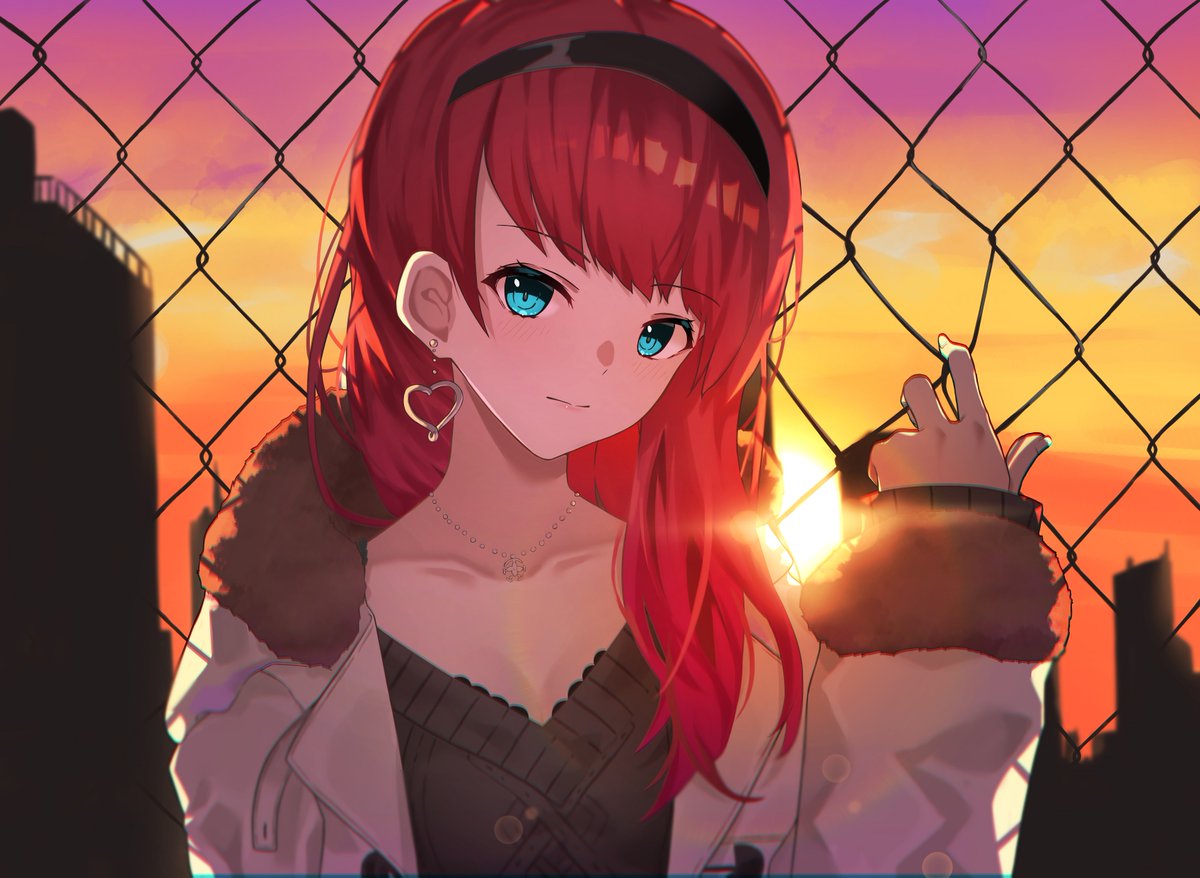 1girl aran_sweater asahina_akane_(2nd_costume)_(nijisanji) asahina_akane_(nijisanji) black_bra black_dress black_hairband blue_eyes bra bureoeve cable_knit chain-link_fence city coat collarbone dress earrings fence fur-trimmed_coat fur_trim hair_over_shoulder hairband jewelry long_hair long_sleeves looking_at_viewer necklace nijisanji official_alternate_costume orange_sky pearl_necklace redhead sky solo sun sunset sweater sweater_dress underwear upper_body virtual_youtuber white_coat