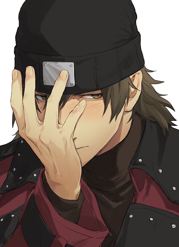 1boy aragaki_shinjirou beanie black_headwear blush brown_eyes brown_hair closed_mouth coat hair_between_eyes hand_on_own_face hat isa_(peien516) long_sleeves male_focus persona persona_3 red_coat simple_background solo upper_body white_background