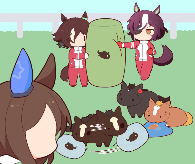 3girls admire_japan_(racehorse) admire_vega_(umamusume) afterimage animal_ears boxing_gloves brown_hair commentary creature_and_personification ear_covers ear_ornament eyepatch fence flower gloves gomashio_(goma_feet) hair_over_one_eye head_on_pillow holding horse horse_ears horse_girl horse_print horse_tail light_brown_hair long_sleeves minimized motion_lines multiple_girls one_eye_covered outdoors real_life red_flower red_gloves red_track_suit shaking_head short_hair single_ear_cover sweatdrop tail tanino_gimlet_(racehorse) tanino_gimlet_(umamusume) umamusume vodka_(umamusume) white_hair yellow_eyes yogibo |_|