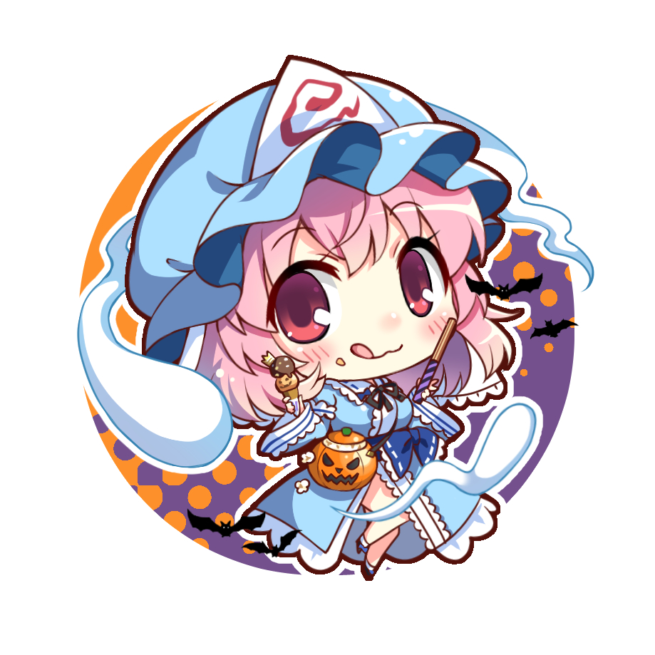 1girl bat_(animal) blue_headwear blue_kimono chibi closed_mouth commentary_request frilled_kimono frills full_body ghost hat jack-o'-lantern japanese_clothes kapuchii kimono looking_at_viewer mob_cap pink_hair red_eyes saigyouji_yuyuko short_hair solo tongue tongue_out touhou triangular_headpiece