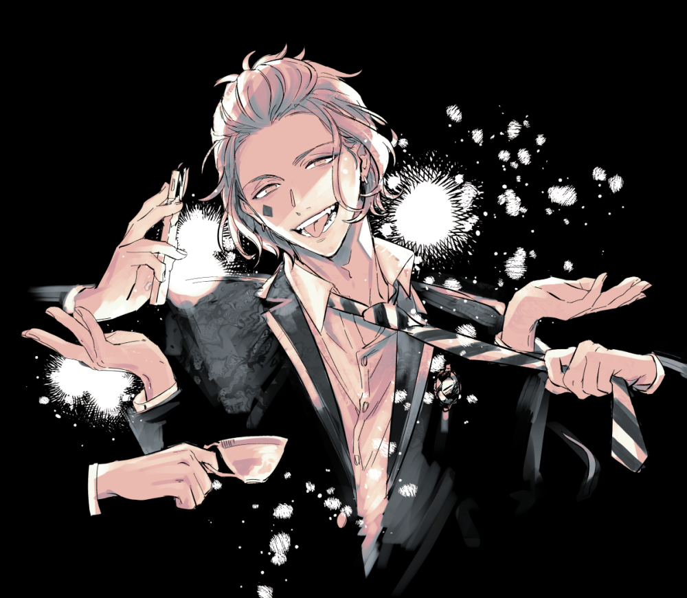 1girl black_background black_suit blonde_hair cellphone character_request cup diamond_(shape) facial_tattoo formal holding holding_phone kizu_natsuki male_focus necktie necktie_grab neckwear_grab paint_splatter phone sharp_teeth simple_background smartphone solo_focus striped_necktie suit tattoo teacup teeth tongue tongue_out twisted_wonderland upper_body yellow_eyes