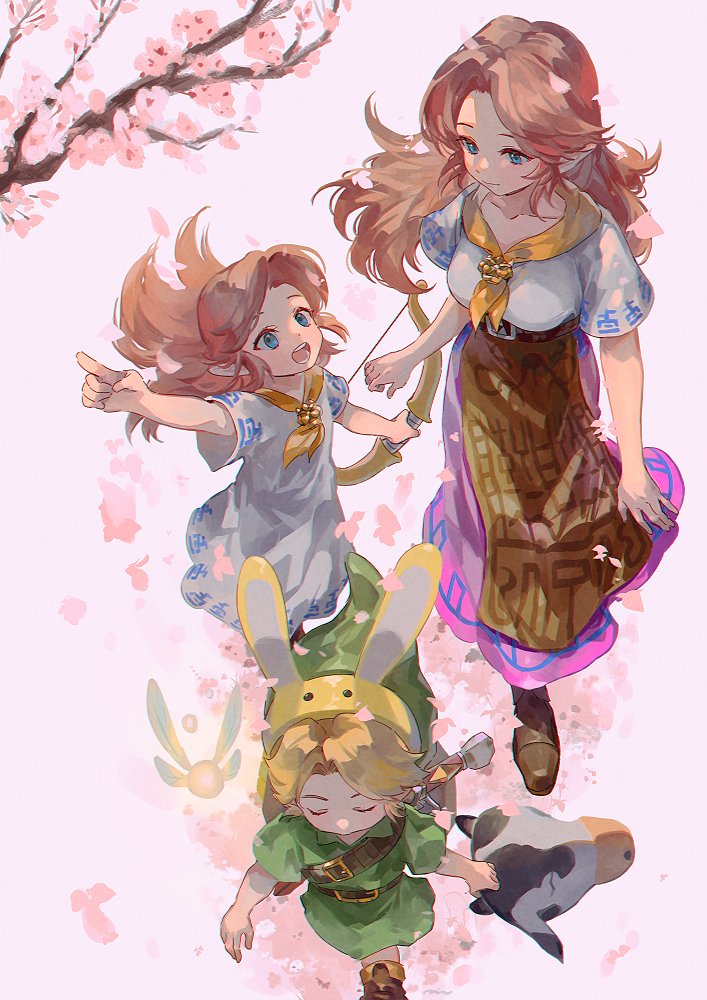 1boy 2girls animal_ears blonde_hair blue_eyes boots bow_(weapon) breasts brown_footwear brown_hair cherry_blossoms closed_eyes cow_mask cremia dress fairy fake_animal_ears falling_petals green_tunic holding holding_bow_(weapon) holding_mask holding_weapon link long_hair long_skirt mask medium_breasts multiple_girls navi neckerchief parted_bangs petals pink_skirt pointing pointy_ears rabbit_ears rain_rkgk romani_(zelda) short_hair short_sleeves siblings sidelocks sisters skirt the_legend_of_zelda the_legend_of_zelda:_majora's_mask weapon white_dress yellow_neckerchief young_link