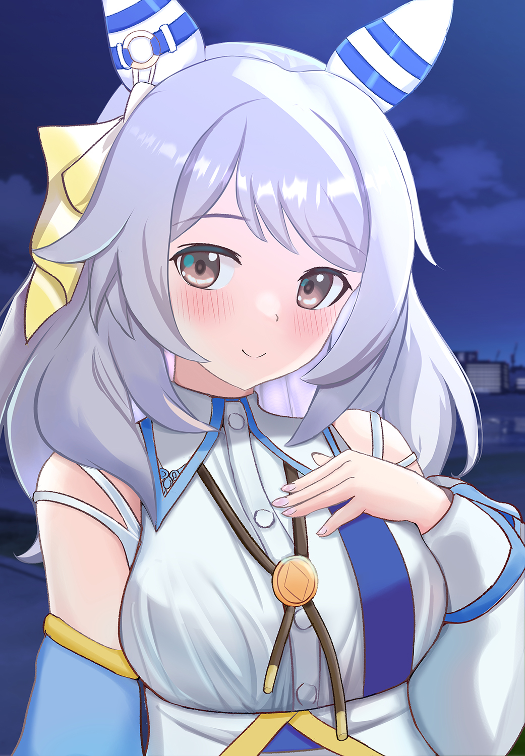 1girl bare_shoulders blush bow breasts brown_eyes cropped_torso detached_sleeves ear_covers ear_ornament fuyumisakura grey_hair hand_on_own_chest highres hishi_miracle_(umamusume) horse_girl jewelry long_hair long_sleeves looking_at_viewer medium_breasts nail_polish necklace night outdoors shirt sleeveless sleeveless_shirt smile solo umamusume upper_body white_shirt yellow_bow