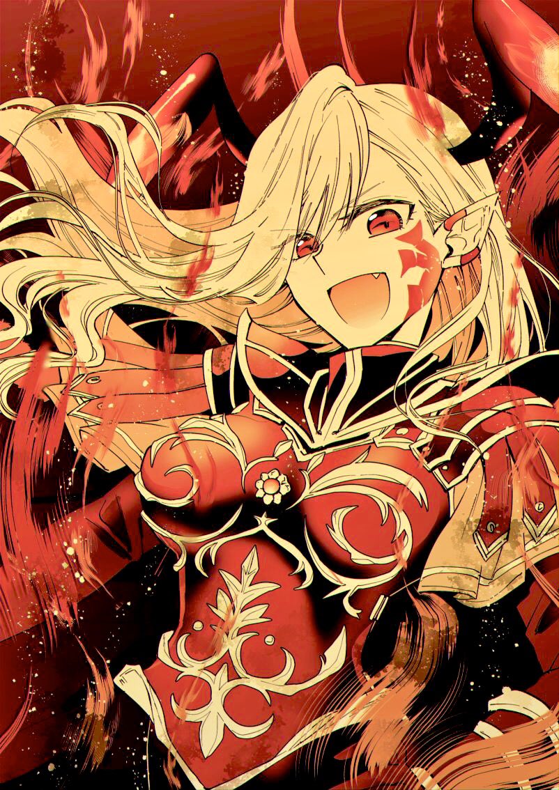 1girl armor black_horns blonde_hair dragon_horns facial_mark fate/grand_order fate_(series) horns long_hair long_horns looking_at_viewer nero_claudius_(fate) pointy_ears queen_draco_(fate) queen_draco_(third_ascension)_(fate) rakuji_tarahi red_eyes shoulder_plates smile solo upper_body wavy_hair