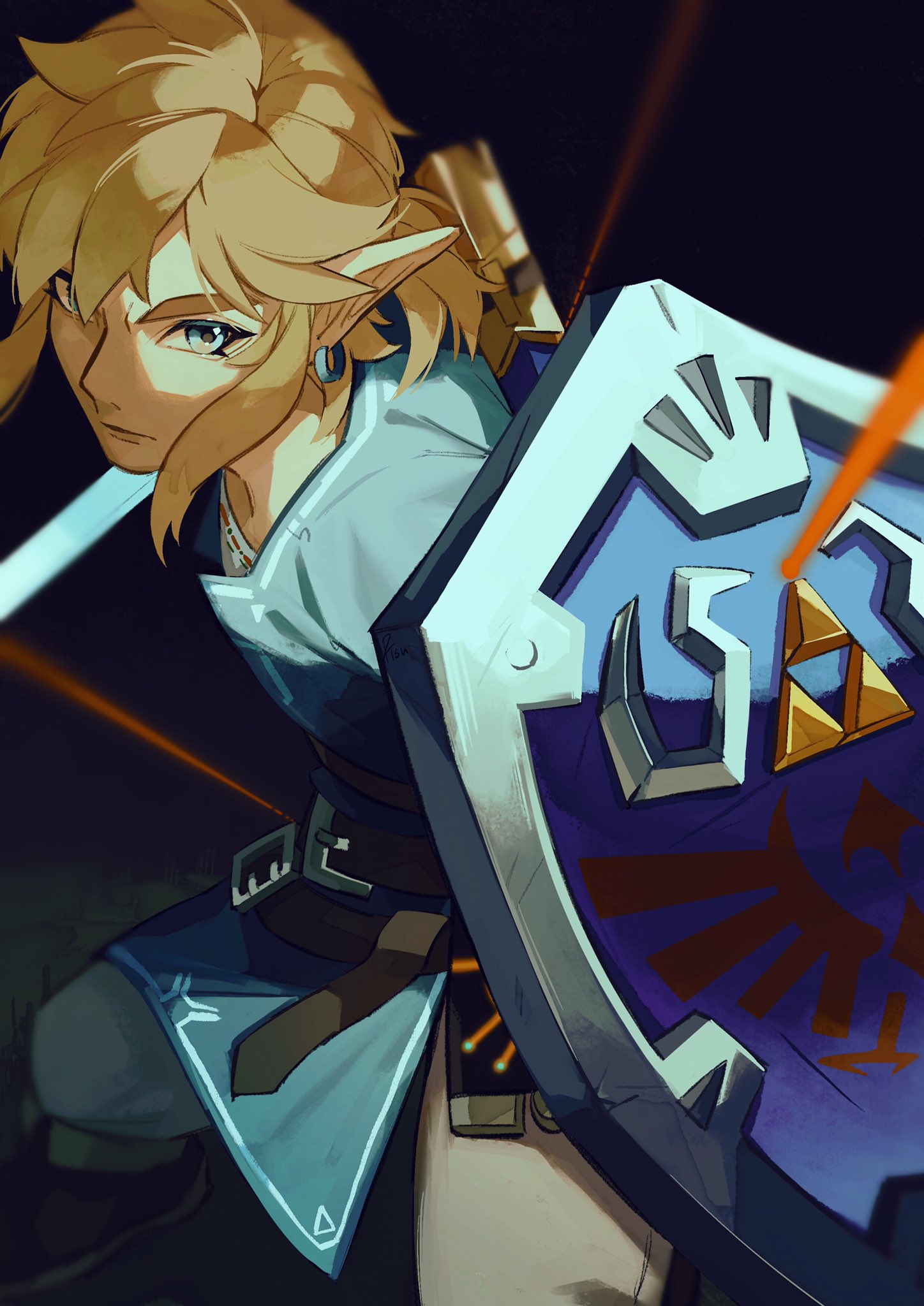 1boy belt blonde_hair blue_eyes blue_tunic brown_belt earrings highres holding holding_shield holding_weapon jewelry link looking_at_viewer medium_hair pants pisu_1107 pointy_ears shield solo the_legend_of_zelda the_legend_of_zelda:_breath_of_the_wild weapon white_pants