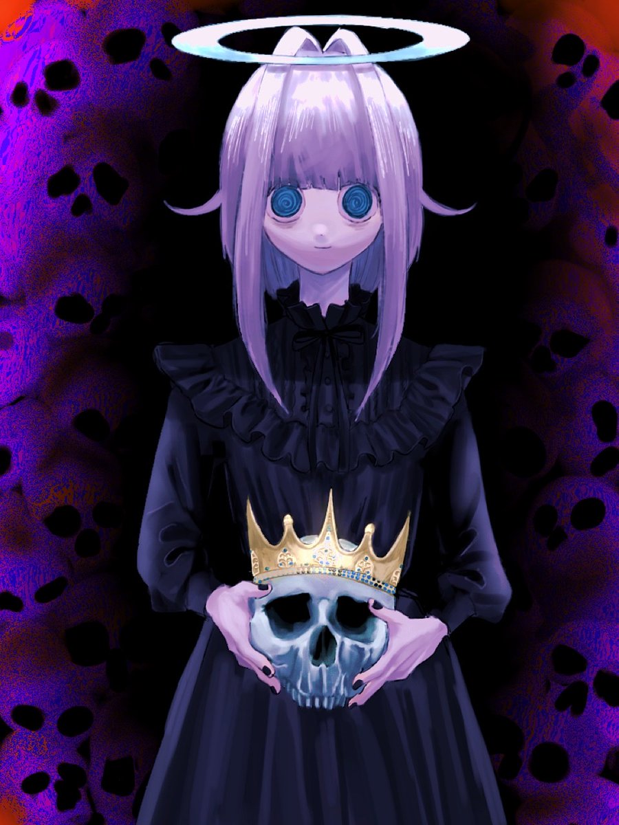 1girl @_@ bags_under_eyes black_dress black_nails blue_eyes collar crown dot_nose dress frilled_collar frilled_dress frills hair_flaps hair_intakes halo highres holding holding_skull light_smile long_hair looking_at_viewer nail_polish nemui_(nr4jk) original purple_hair skull skull_background solo straight-on straight_hair upper_body