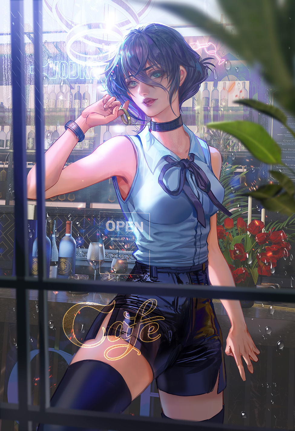 1girl alcohol bar_(place) bare_shoulders black_choker black_ribbon black_shorts black_thighhighs blue_hair blurry blurry_foreground bottle breasts cafe chainsaw_man choker collared_shirt fan_yang_(jiuge) flower green_eyes hair_between_eyes high-waist_shorts highres holding holding_jewelry holding_ring indoors jewelry leaf liquor looking_at_viewer medium_breasts neck_ribbon parted_lips plant pulling red_flower red_rose reze_(chainsaw_man) ribbon ring rose shirt short_hair shorts sleeveless sleeveless_shirt solo thigh-highs white_shirt wristband