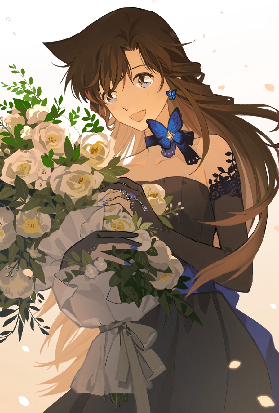 1girl bare_shoulders black_dress blue_eyes blue_nails bouquet breasts brown_hair butterfly_choker butterfly_earrings collarbone cowboy_shot detached_sleeves dress earrings falling_petals flower gloves gradient_background hair_between_eyes highres holding holding_bouquet jewelry loli_bushi long_hair looking_at_viewer medium_breasts meitantei_conan mouri_ran nail_polish open_mouth parted_bangs partially_fingerless_gloves petals rose smile solo spiky_hair strapless strapless_dress white_flower white_rose