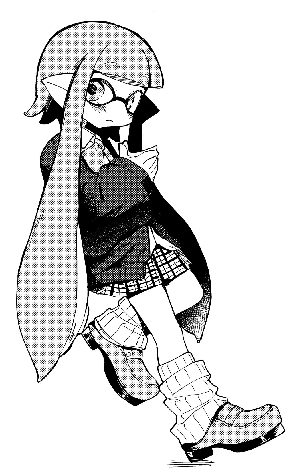 1girl blunt_bangs blush closed_mouth greyscale highres inkling inkling_girl leg_warmers long_sleeves looking_at_viewer monochrome pointy_ears shimazaki1152 shirt shoes short_hair_with_long_locks simple_background skirt solo splatoon_(series) tentacle_hair